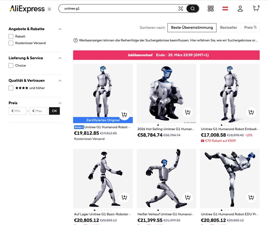 AliExpress search results for Unitree G1 humanoid robots, priced around 20,000 euros