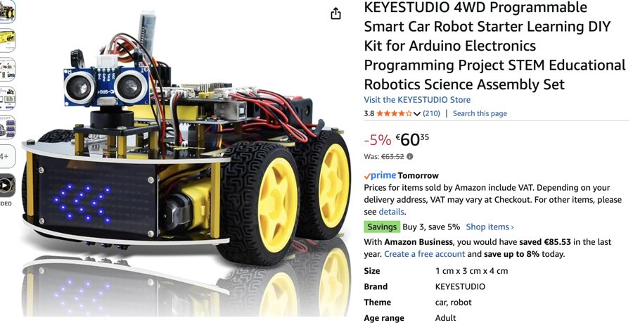 Amazon listing for a KEYESTUDIO 4WD Arduino robot car kit, about 60 euros