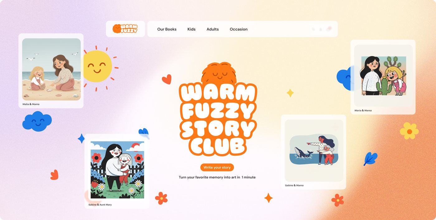 The Story Club website: the fuzzy logo over a warm gradient, surrounded by floating family portraits, with the promise to turn your favorite memory into art in one minute
